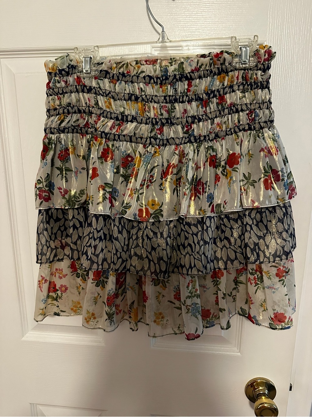 Current Air Floral Smocked Tiered Mini Skirt - Navy & Ivory with Red Accents